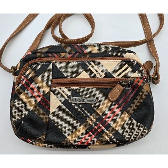 MultiSac Plaid Crossbody Bag - Black Beige Red Checkered Pattern With Adjustable - Picture 1 of 6